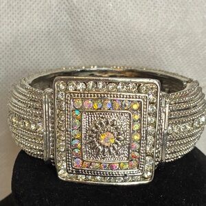 Iridescent large rhinestone silver cuff bracelet vintage
